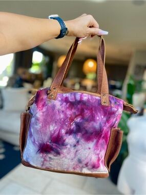 Nena & Co. Pink and Purple Tie-Dye Canvas Tote with Brown Leather Trim